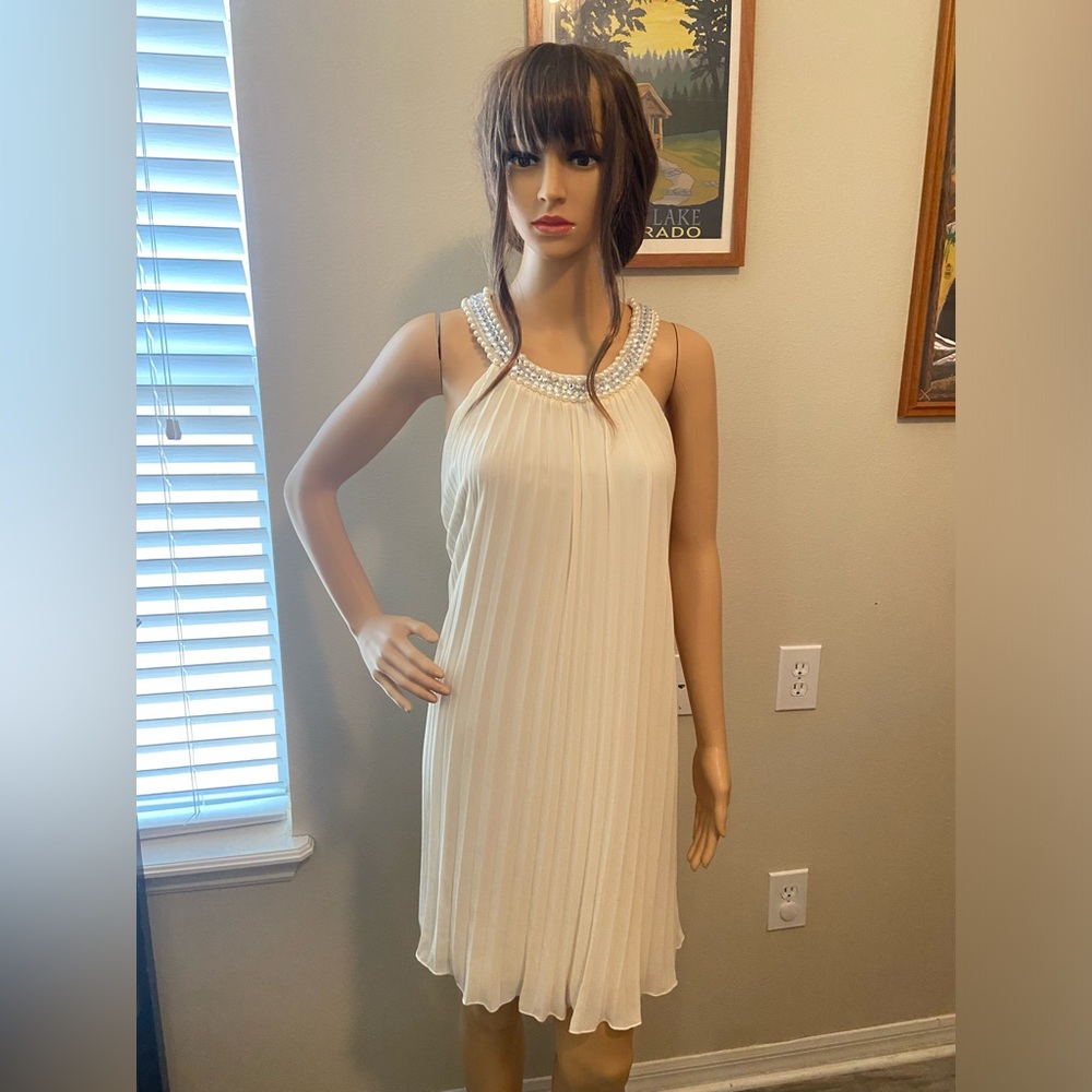 Speechless Pleated Off White Cocktail Dress with Pearl and Jewel Neckline